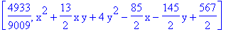 [4933/9009, x^2+13/2*x*y+4*y^2-85/2*x-145/2*y+567/2]